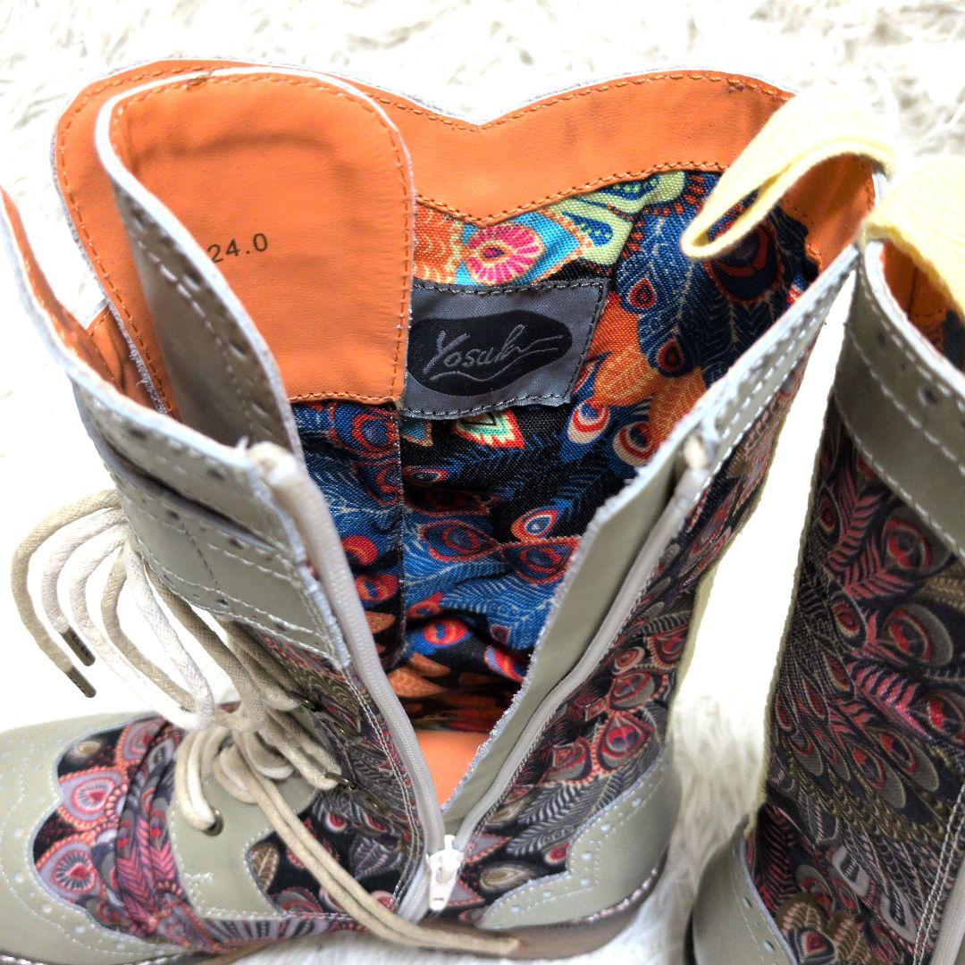 YOSUKE レースアップミドルブーツ アイボリーコンビ 24cm ペイズリー柄