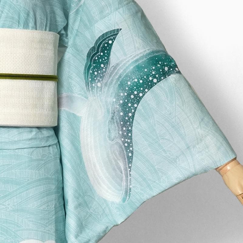 etoile.5❤️ ★ミントグリーン地にクジラと波柄★めずらしい絵羽浴衣