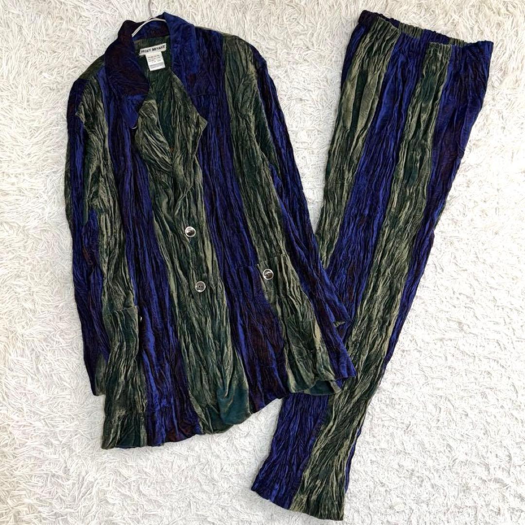 17299✨イッセイミヤケ ベルベット シワ加工 ストライプ セットアップ M