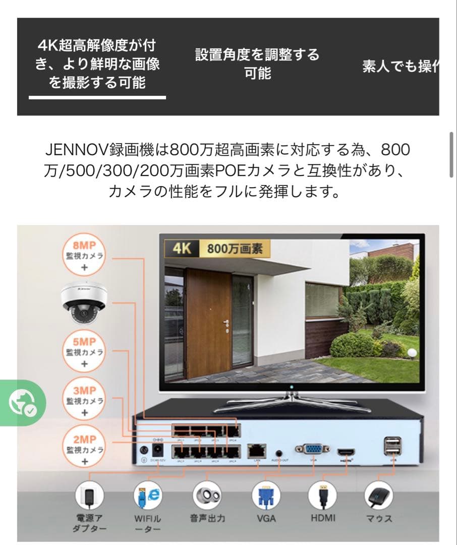 高画質防犯カメラ4台　3TBHDD内蔵レコーダー