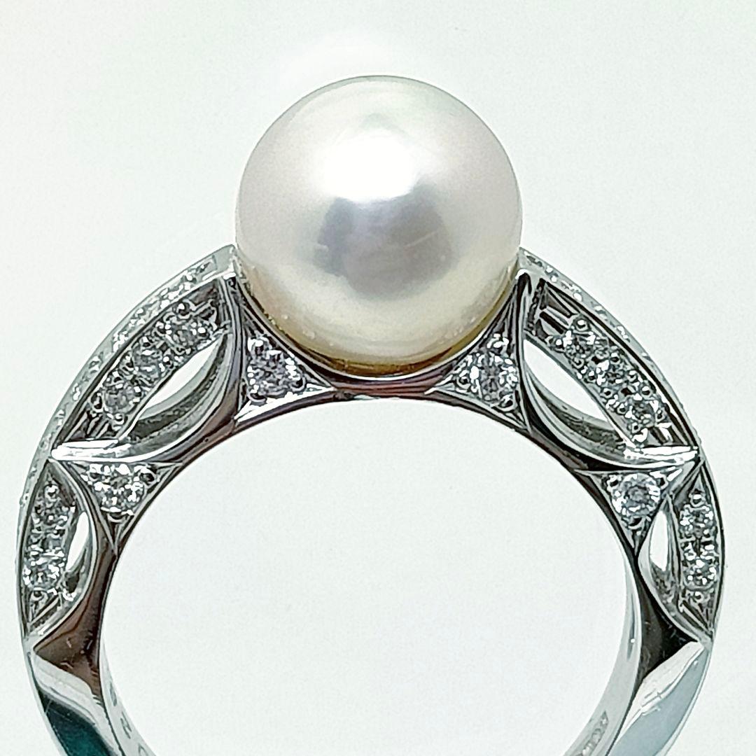 一粒真珠プラチナリング/小粒ダイヤ40個/ヴィンテージ/華やかデザイン