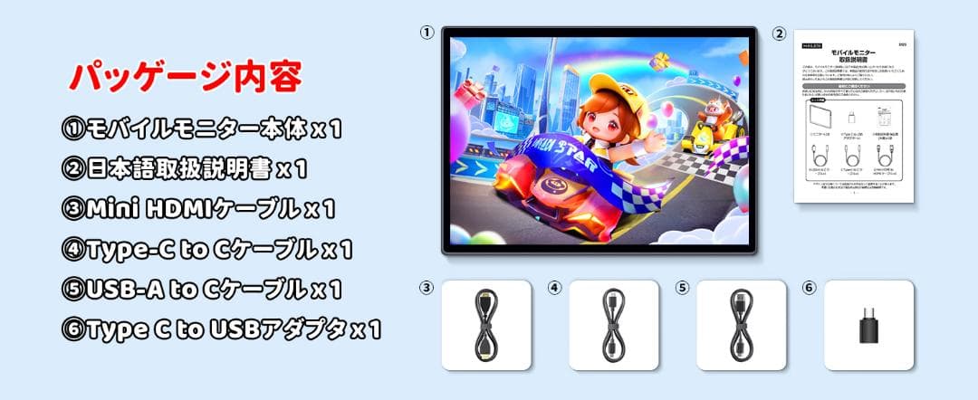 モバイルモニター 12.3インチ モバイルディスプレイ ポータブルモニター