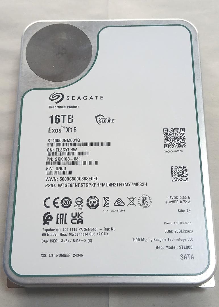 Seagate　ST16000NM001　16TB　3.5インチ　中古